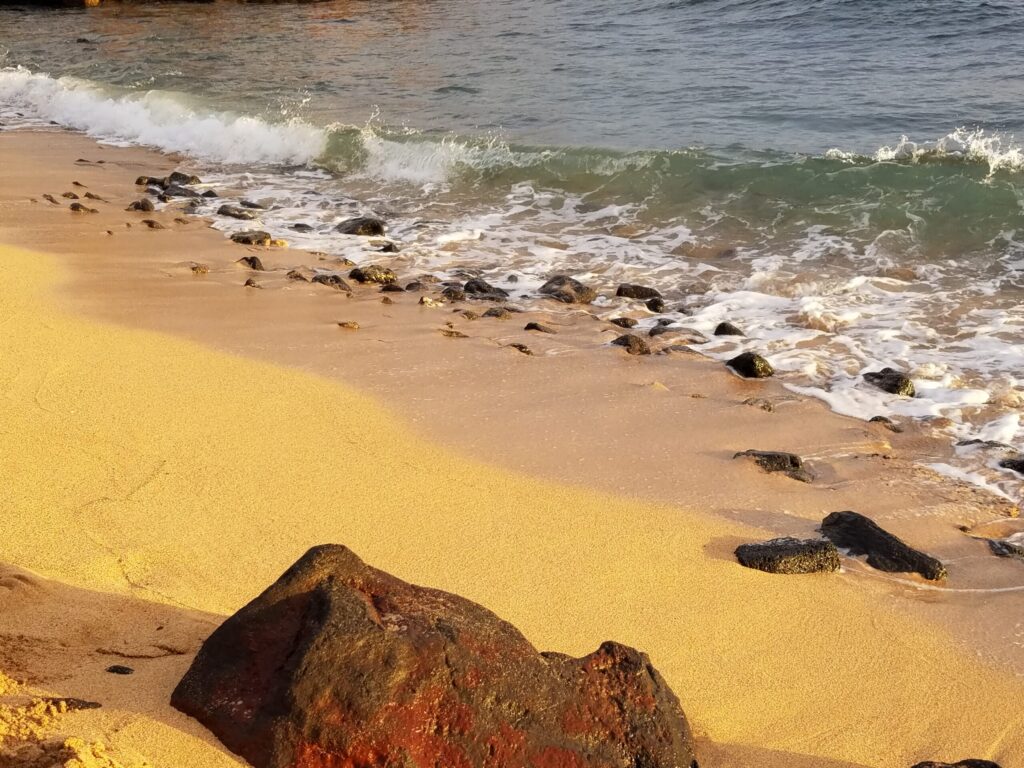 Golden sand beach in Kauai with dark lava rocks scattered along the waterline where waves break