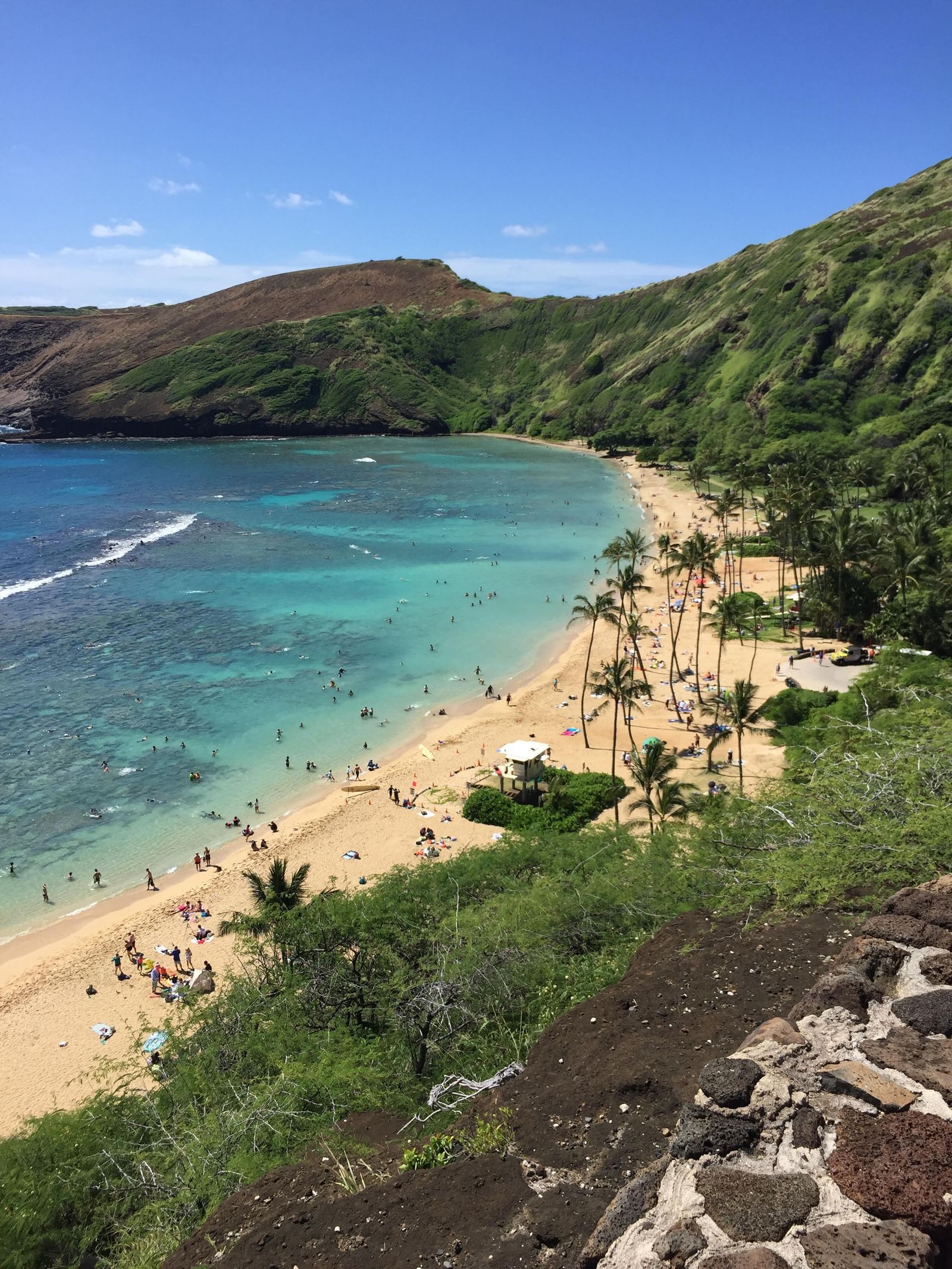 Aerial view of Hanauma Bay's turquoise water and beach, Oahu