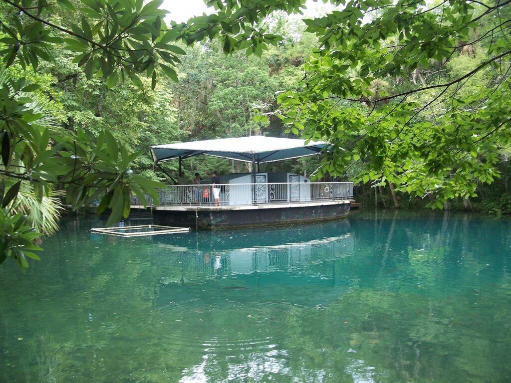 The floating underwater observatory building on the spring pool at Homosassa Springs Wildlife State Park