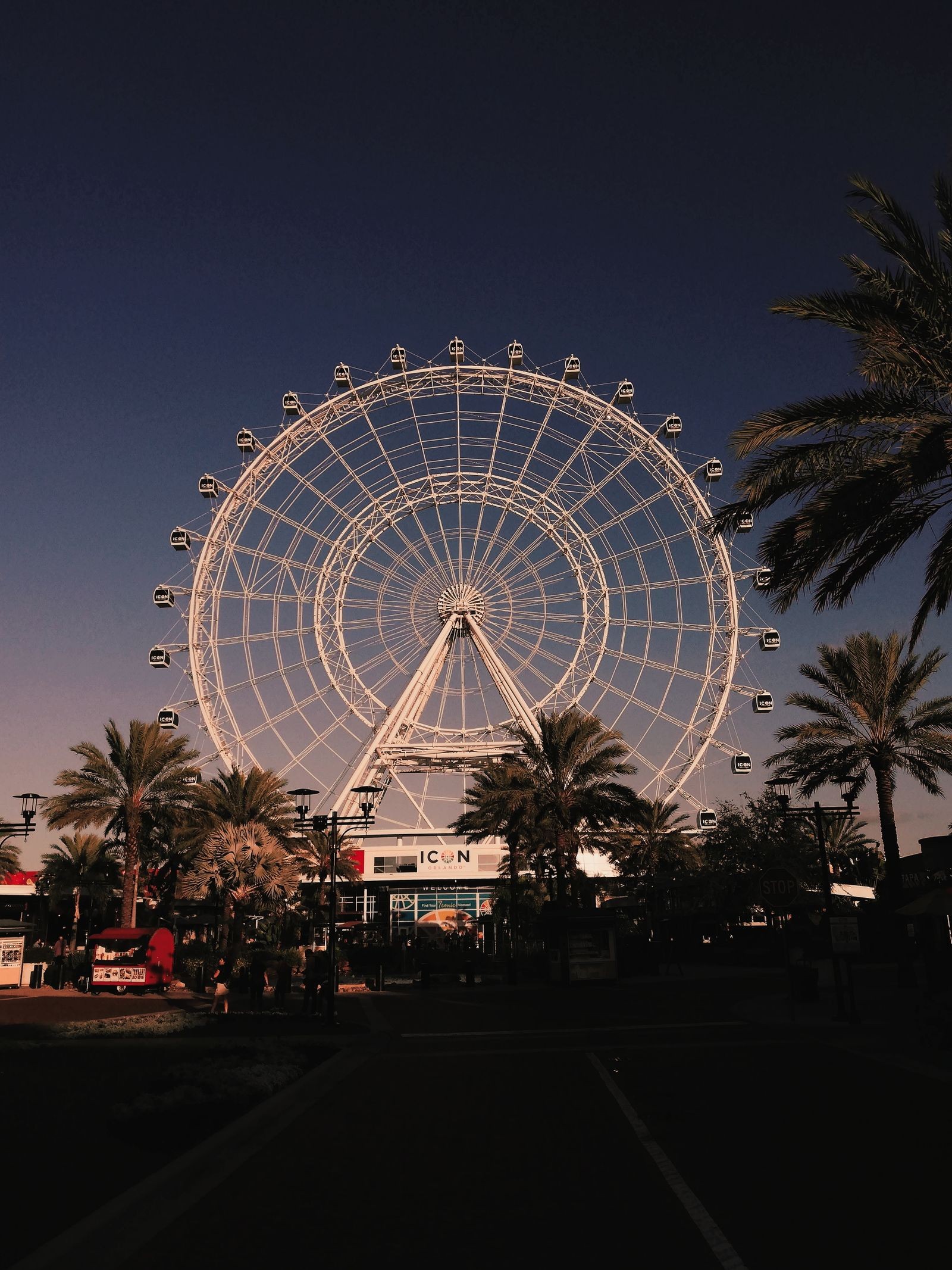 The lit-up observation wheel at ICON Park on Orlando's International Drive at dusk