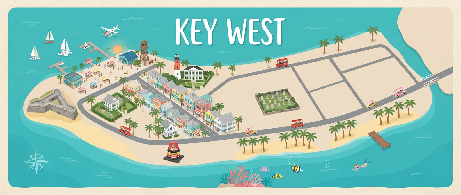 Illustrated tourist map of Key West showing the harbor waterfront and market stalls, the aquarium, the shipwreck lookout tower, Duval Street shopfronts, the lighthouse and Hemingway House, Fort Zachary Taylor, the Southernmost Point buoy, the cemetery and the southern beaches