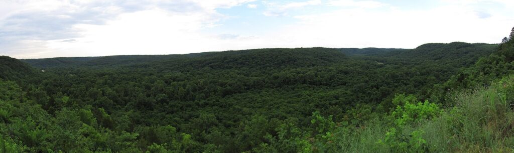 A forested ridge overlooking the Jacks Fork River valley near Alley Spring in the Missouri Ozarks