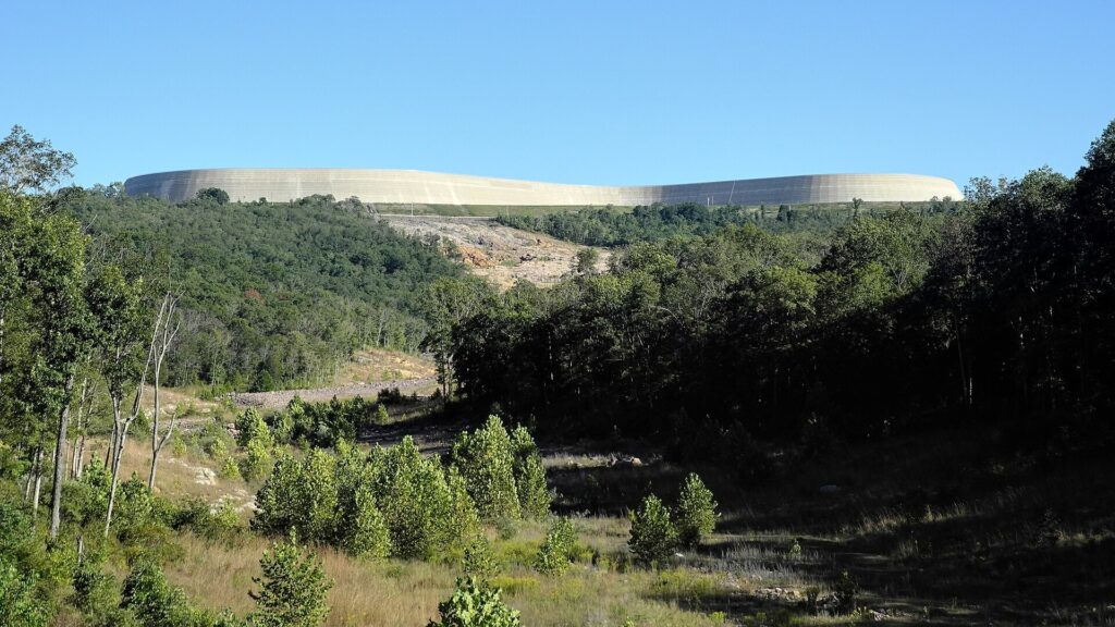The ridge holding the rebuilt Taum Sauk Reservoir, seen from the Scour Trail below Johnson's Shut-Ins