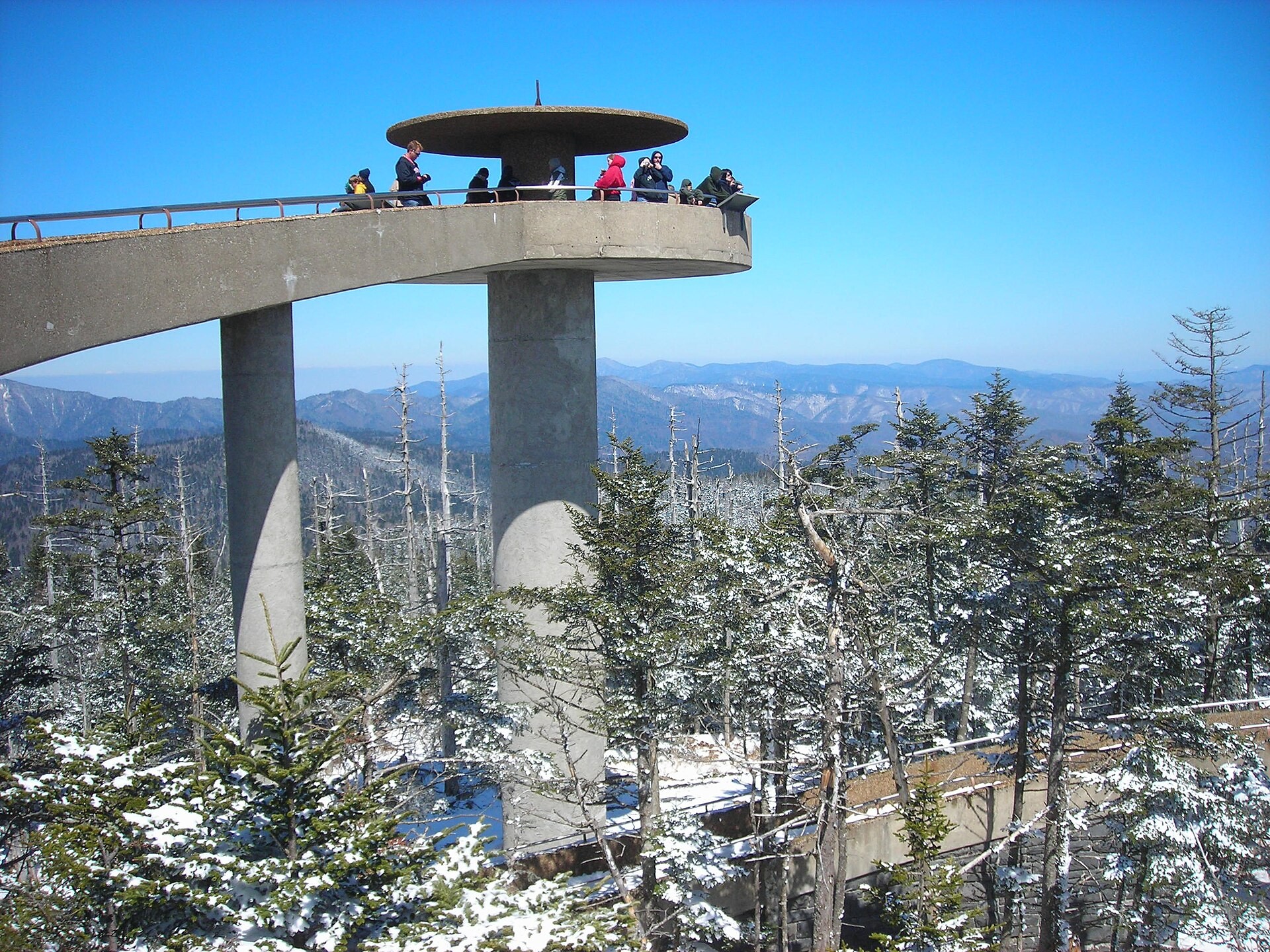 Kuwohi (Clingmans Dome) observation tower rising above the summit in winter snow