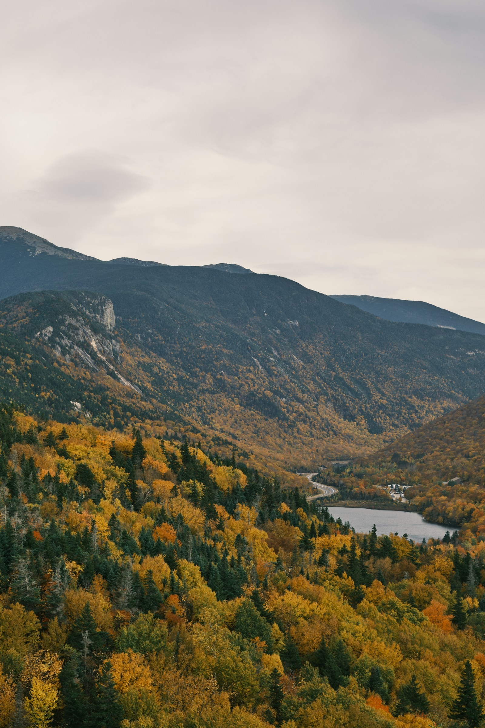 A lake surrounded by trees and mountains.