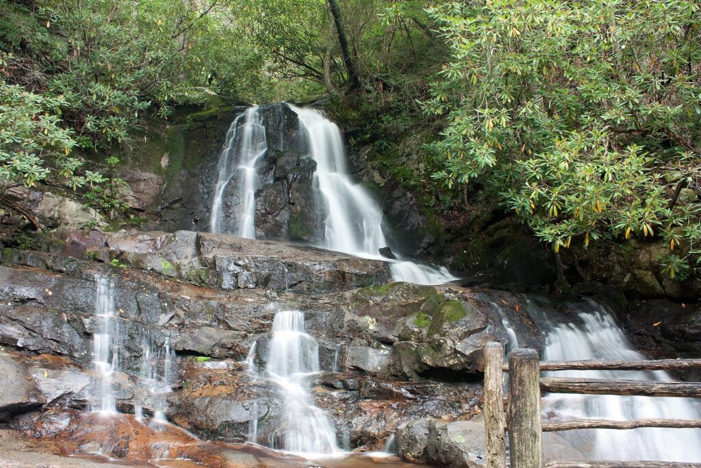 Laurel Falls in Great Smoky Mountains National Park, with the paved trail crossing the base of the upper falls