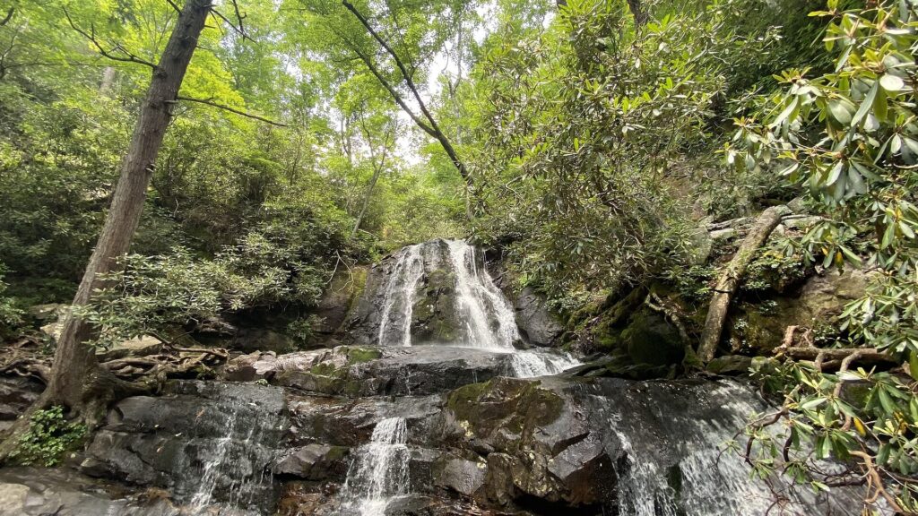 Laurel Falls spilling over layered rock ledges beside the paved trail in Great Smoky Mountains National Park
