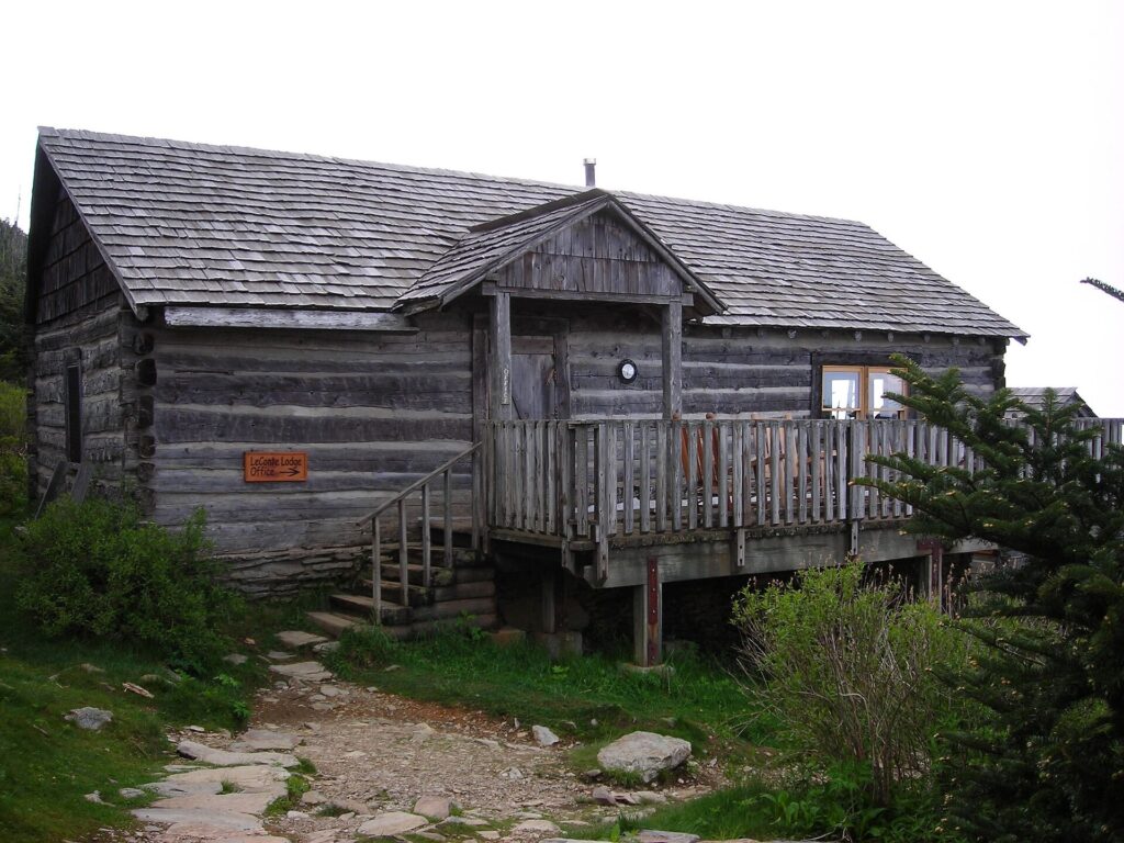 The weathered log office cabin at LeConte Lodge near the summit of Mount LeConte