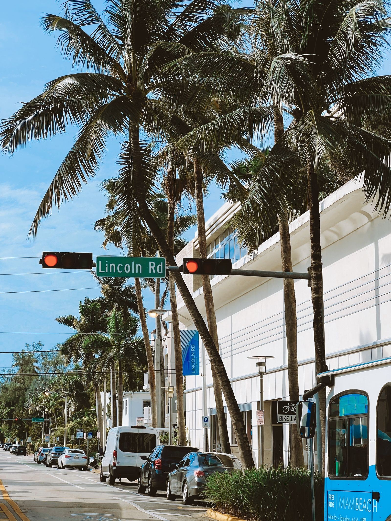 A Lincoln Road street sign beneath palm trees on Miami Beach's pedestrian shopping street