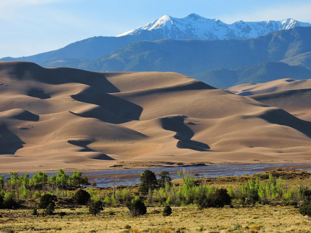 Medano Creek flowing across the sand in front of the dunes at Great Sand Dunes National Park in spring, cottonwoods in leaf
