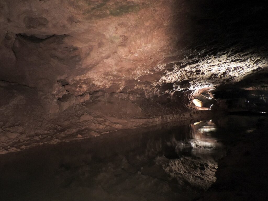 The lit walking-tour route inside Meramec Caverns near Stanton, Missouri