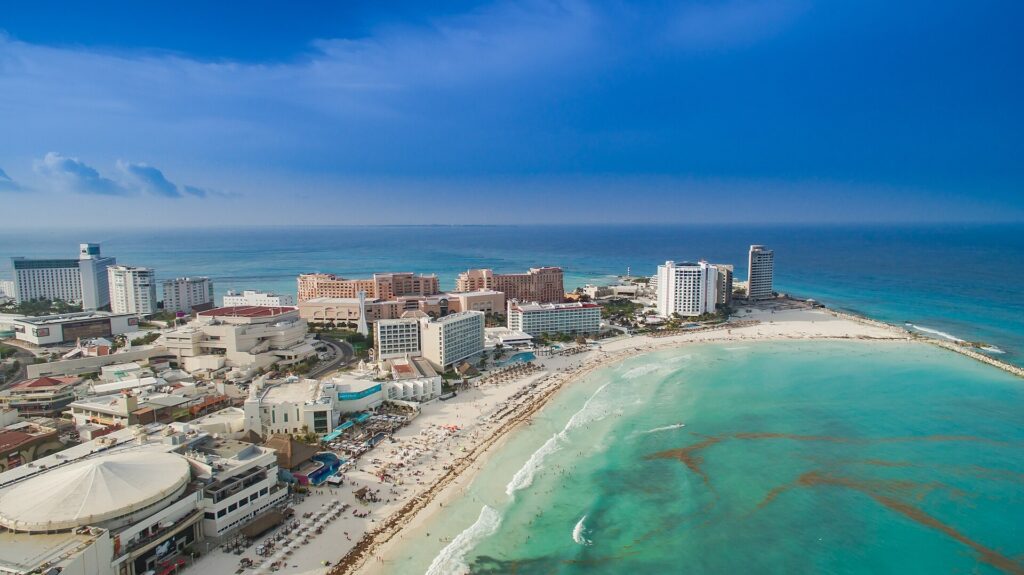 Aerial view of the Cancun hotel zone beach and turquoise water