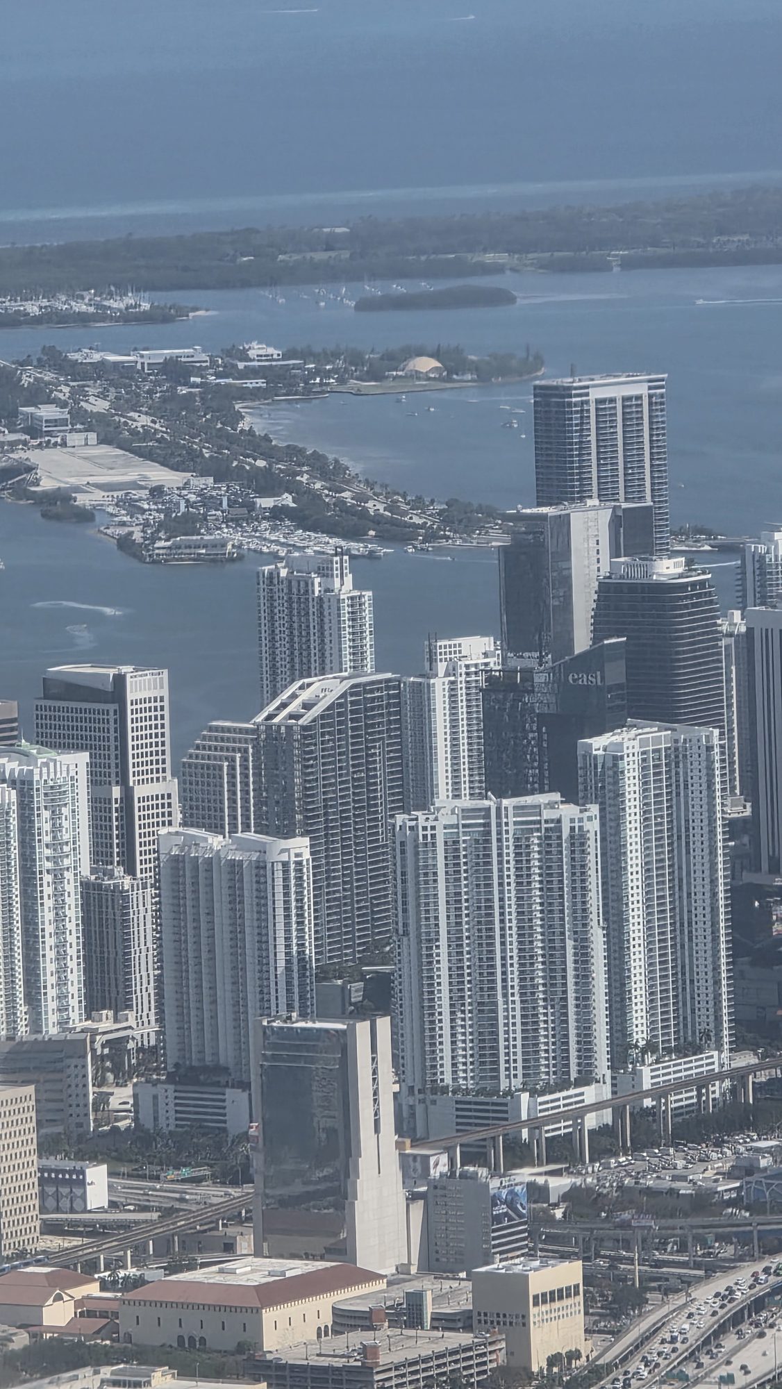 Aerial view of downtown Miami and Brickell high-rises along Biscayne Bay
