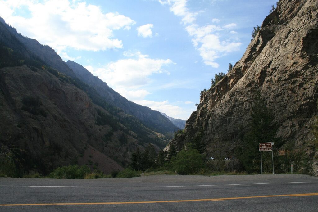 The Million Dollar Highway, US 550, cut into a mountainside between Ouray and Silverton, Colorado