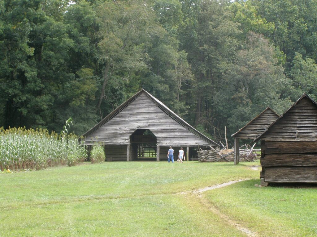 Historic barn and corn crib at the Mountain Farm Museum near Oconaluftee