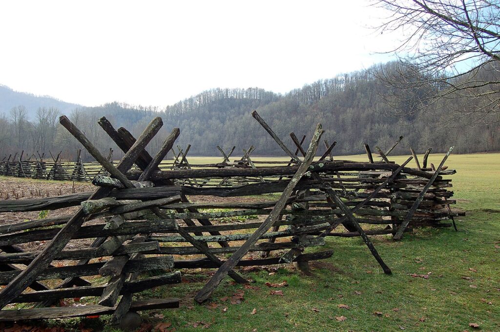 A split rail fence at the Mountain Farm Museum near the Oconaluftee entrance in Cherokee NC