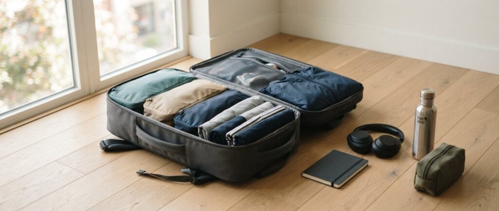 Open carry-on travel backpack with packing cubes, rolled shirts and a rain jacket
