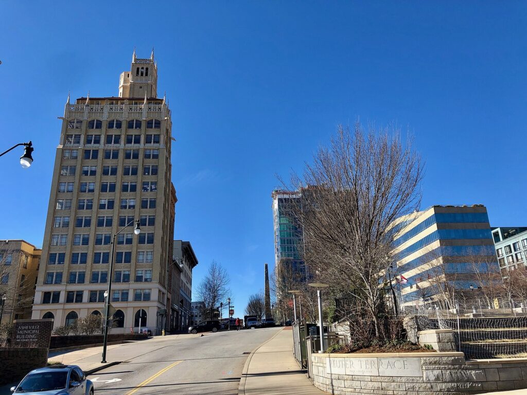 The Jackson Building rising over Pack Square in downtown Asheville
