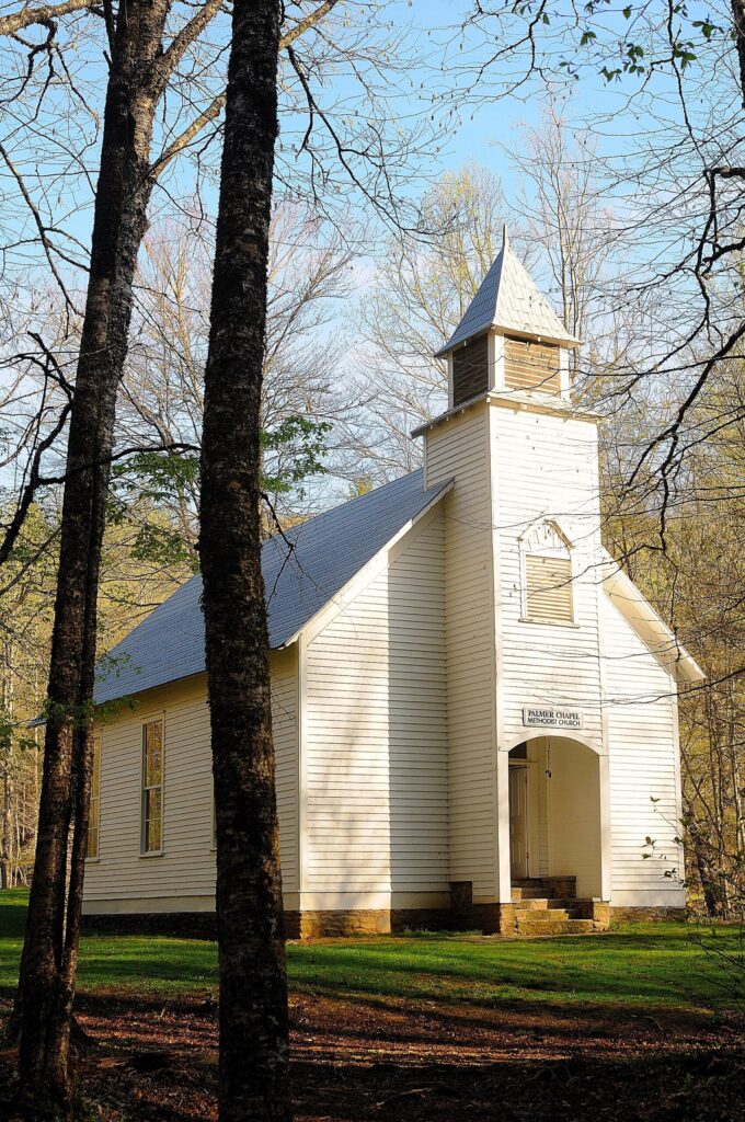 Palmer Chapel, a small white wooden church in Cataloochee Valley