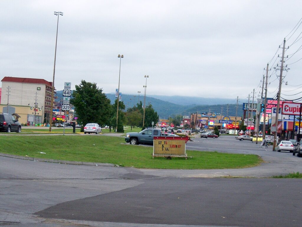The Parkway commercial strip through Pigeon Forge, Tennessee, lined with shops and signage