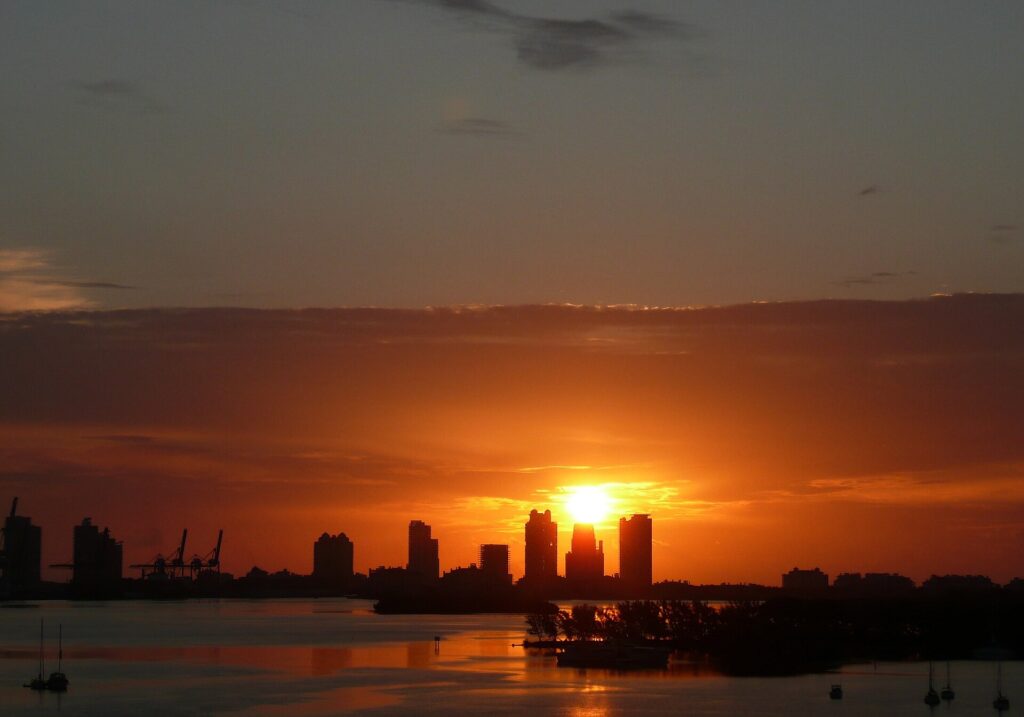 Port of Miami and downtown Miami skyline seen from the Rickenbacker Causeway