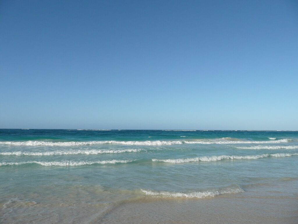 Turquoise water and white sand along a beach in Punta Cana, Dominican Republic