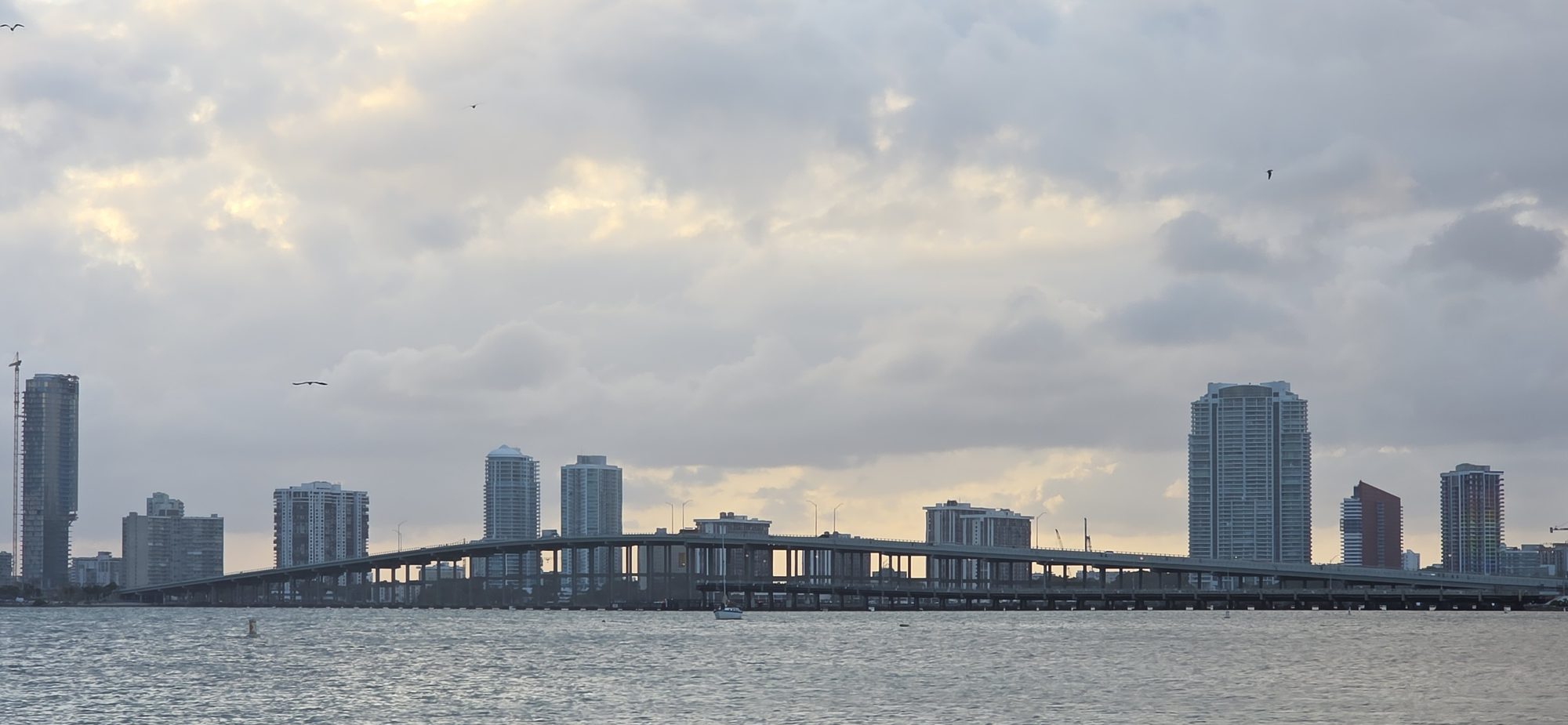 The Rickenbacker Causeway bridge with the Miami skyline in the background