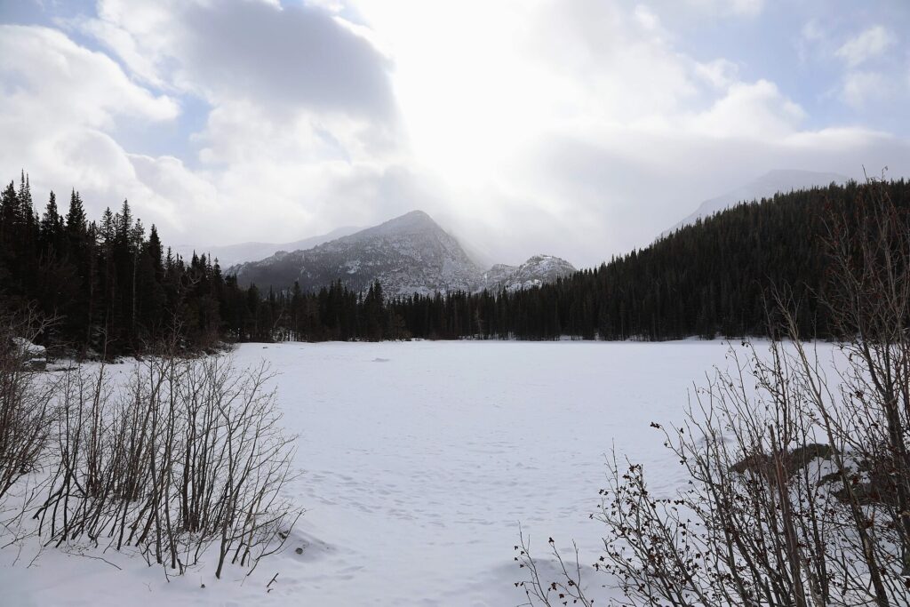 Bear Lake covered in snow and ice at Rocky Mountain National Park in winter