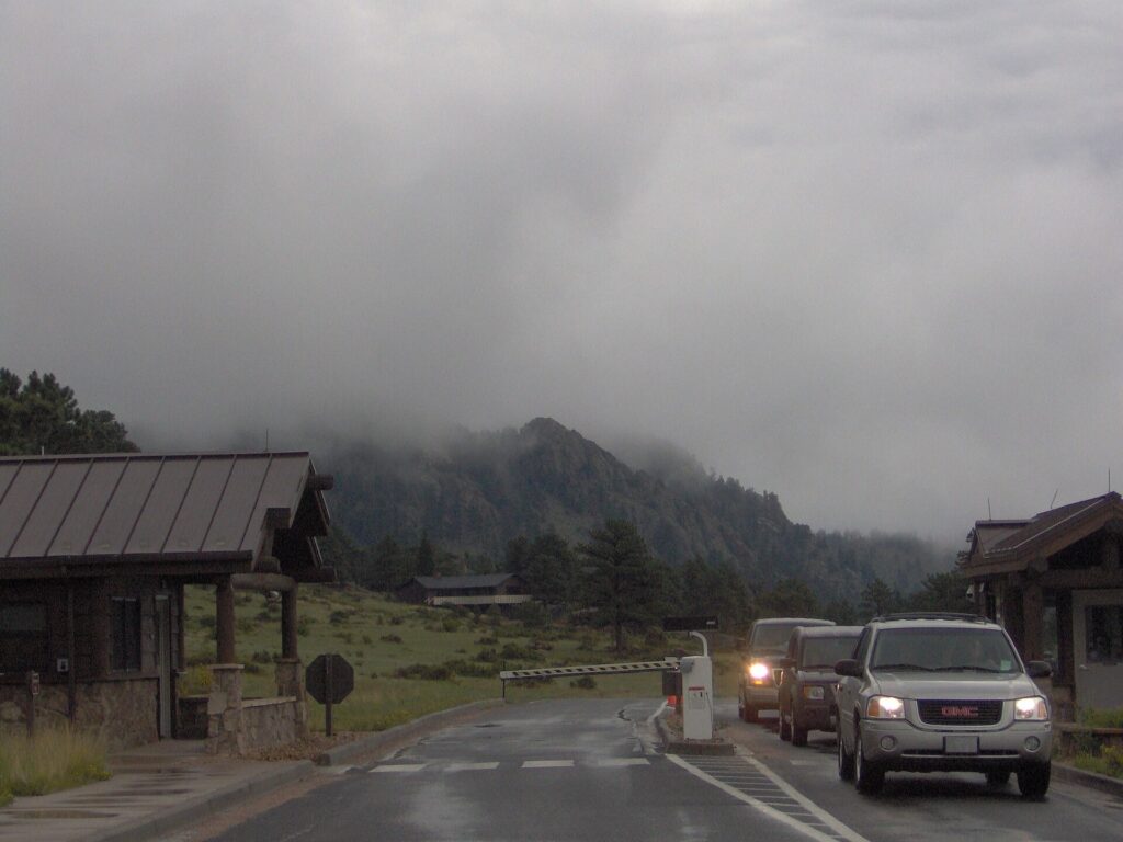 Toll booths at the Beaver Meadows entrance station to Rocky Mountain National Park