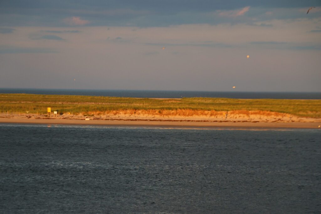 Sandy beach shoreline on Cape Cod with waves rolling in under an open sky