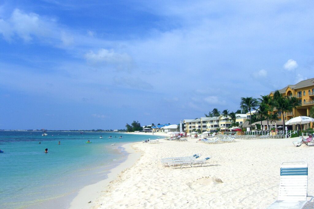 Beachfront resorts lining Seven Mile Beach in Grand Cayman