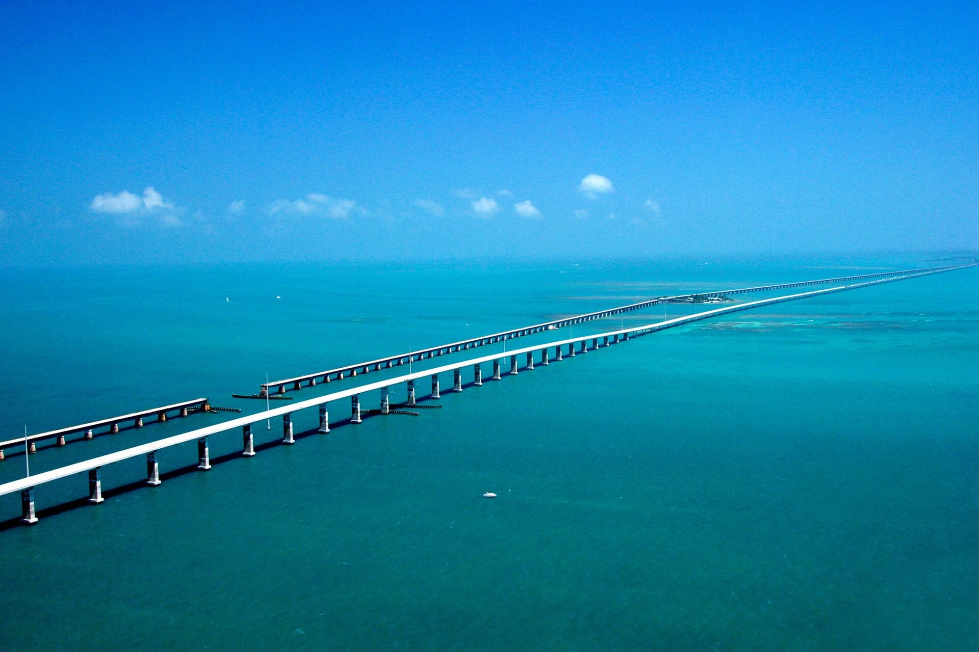 Aerial view of the Seven Mile Bridge and the old bridge beside it in the Florida Keys