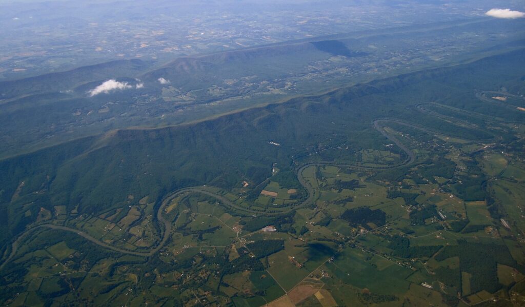 Aerial view of the Shenandoah River winding through Virginia's Fort Valley