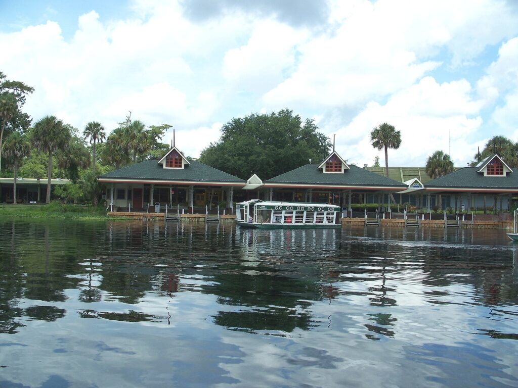 The boat dock and concession building on the Silver River near Ocala, Florida