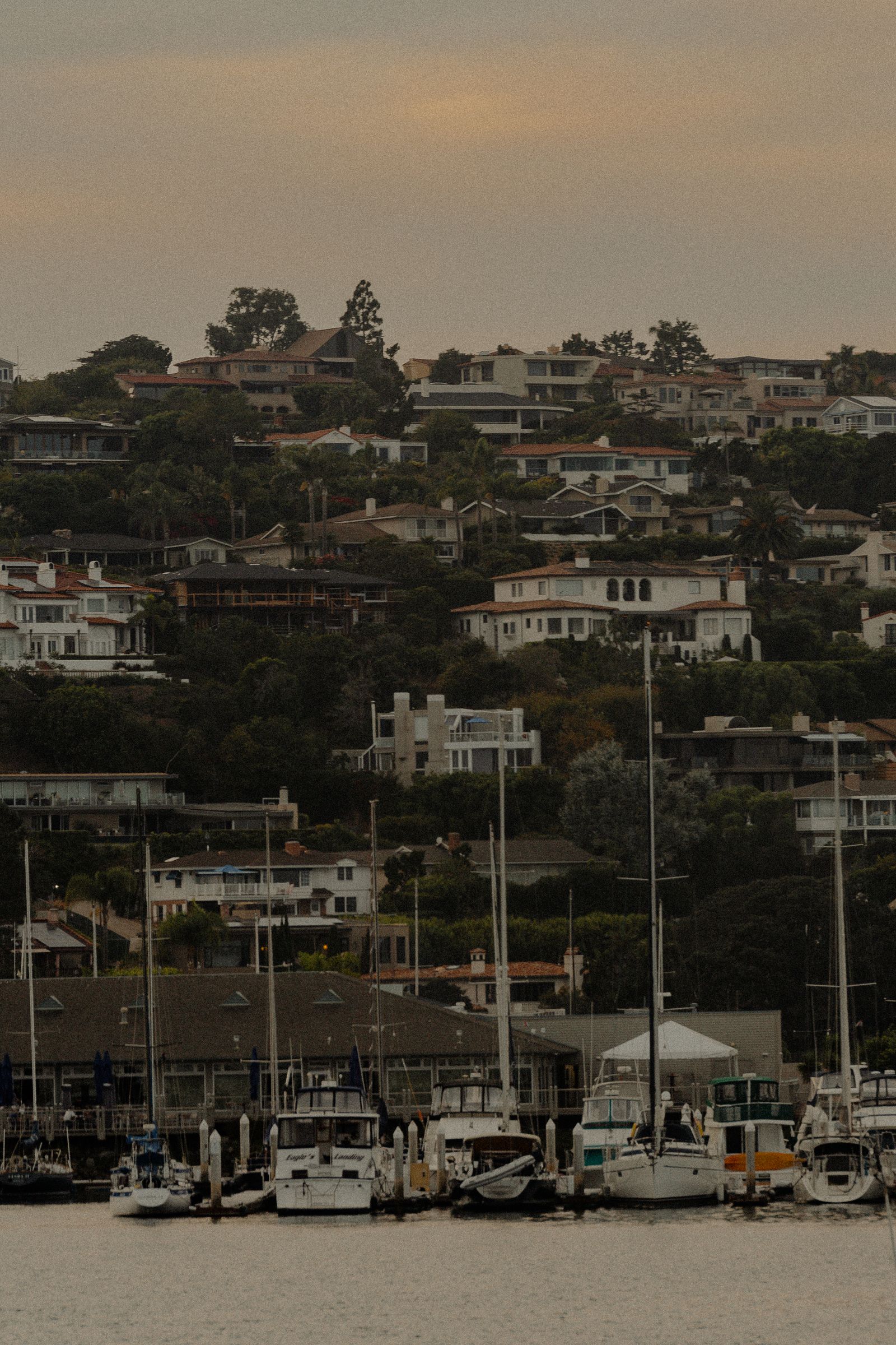 Small boats docked in a calm harbor with hillside buildings, the kind of coastal town scene on a Catalina Island day trip.