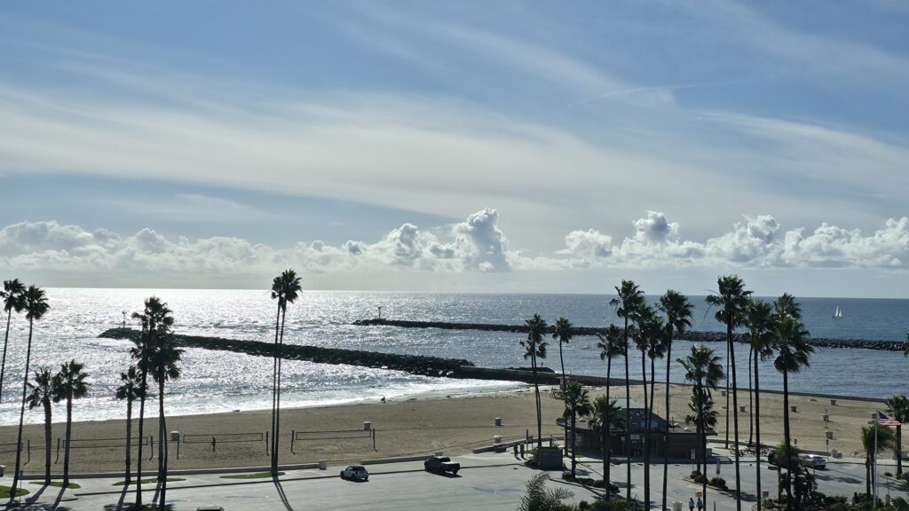 Corona del Mar State Beach, California: the rock jetty, palm trees and a sailboat offshore under wispy clouds