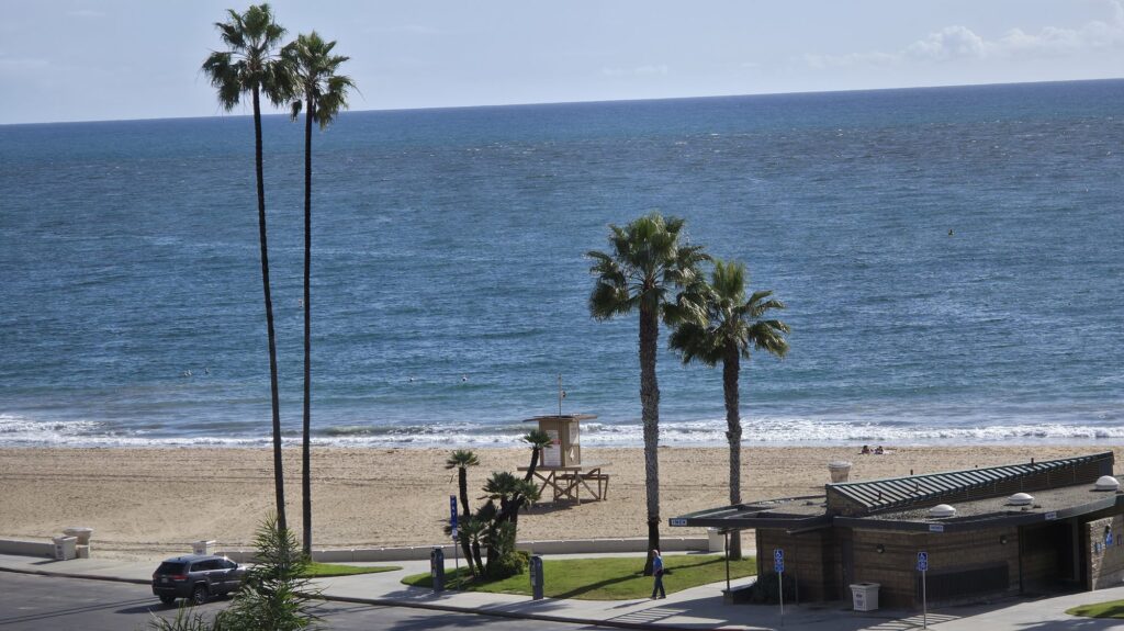 Lifeguard tower and palms at Corona del Mar State Beach