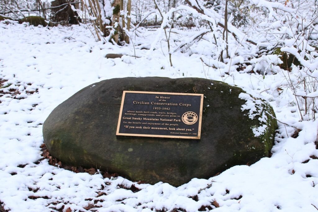 A Civilian Conservation Corps memorial stone near Sugarlands Visitor Center at the start of Newfound Gap Road