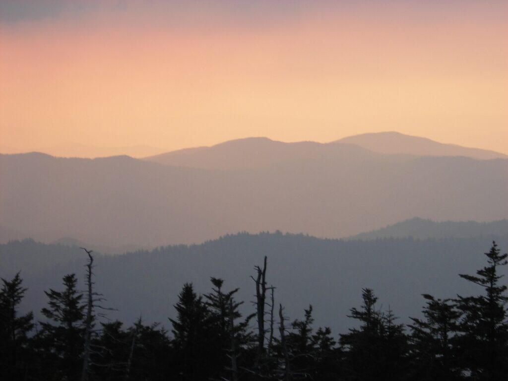 Sunset light over the mountains seen from Kuwohi, formerly Clingmans Dome