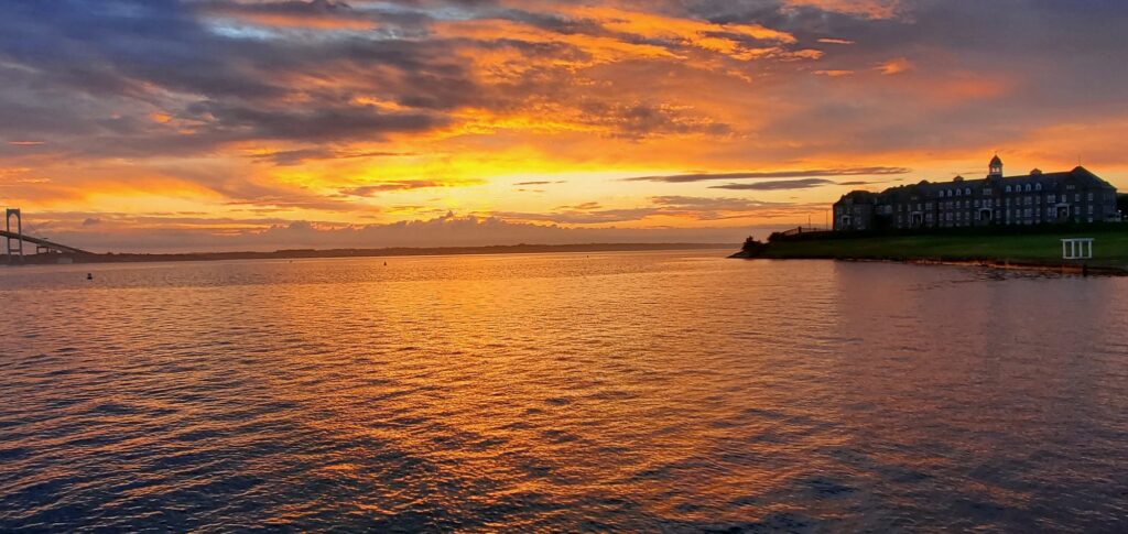 Newport Pell Bridge at sunrise over Narragansett Bay, seen from Naval Station Newport, Rhode Island