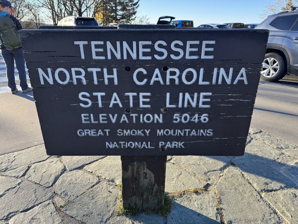 Sign marking the Tennessee-North Carolina state line at Newfound Gap, elevation 5,046 feet