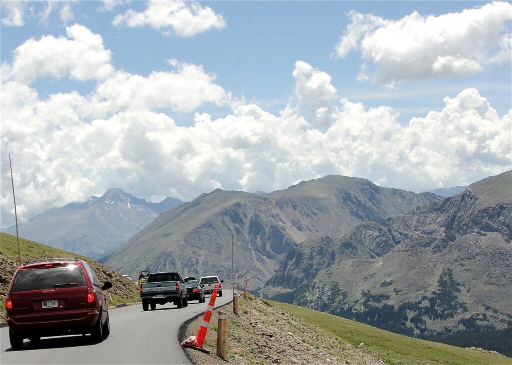 Trail Ridge Road winding through the alpine tundra above treeline in Rocky Mountain National Park