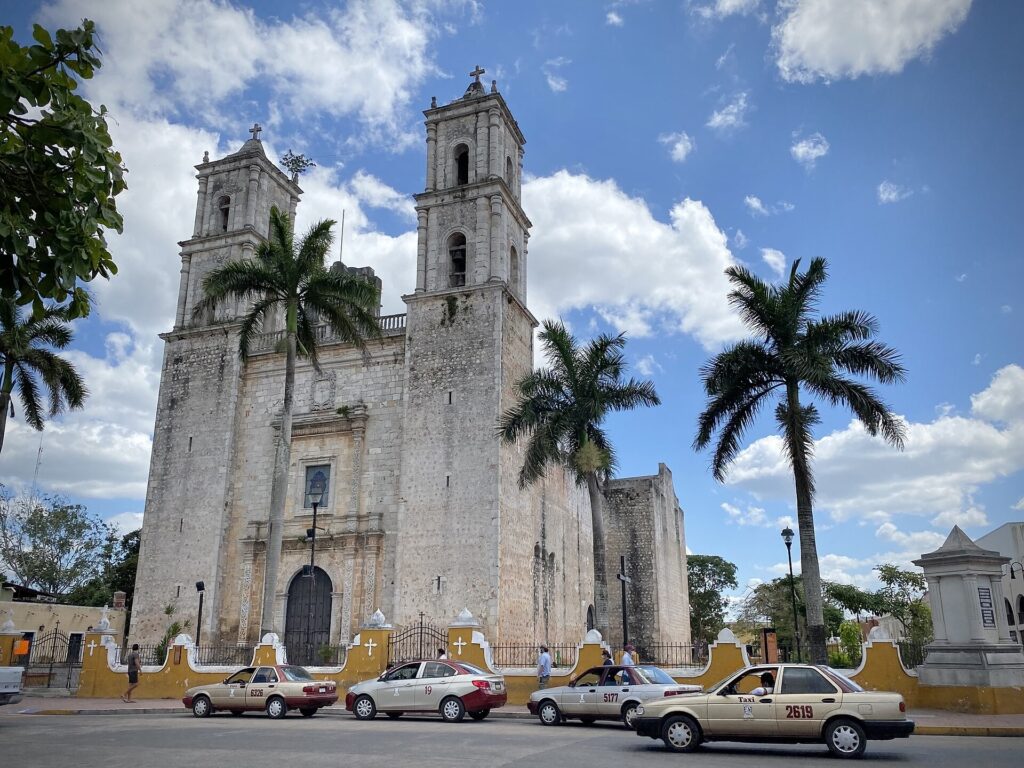 The Cathedral of San Servacio in Valladolid, Yucatan, with its white colonial facade