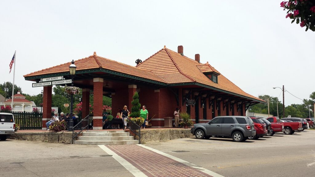 The red-roofed train depot in downtown Van Buren, Missouri