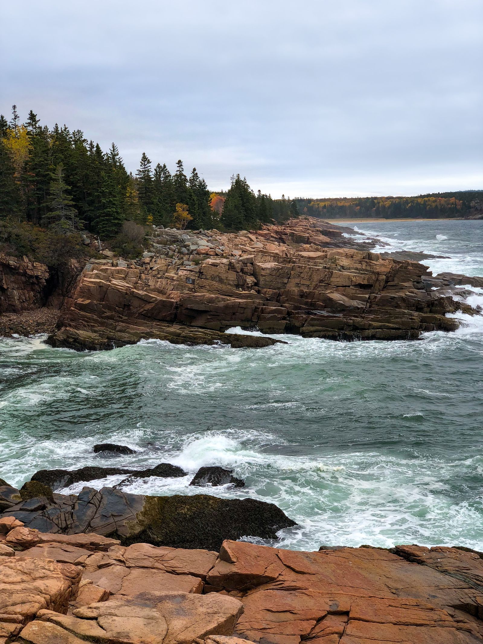 Waves breaking on the rocky coastline at Acadia National Park