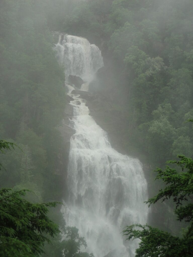 Whitewater Falls dropping down the mountainside on the North Carolina and South Carolina line