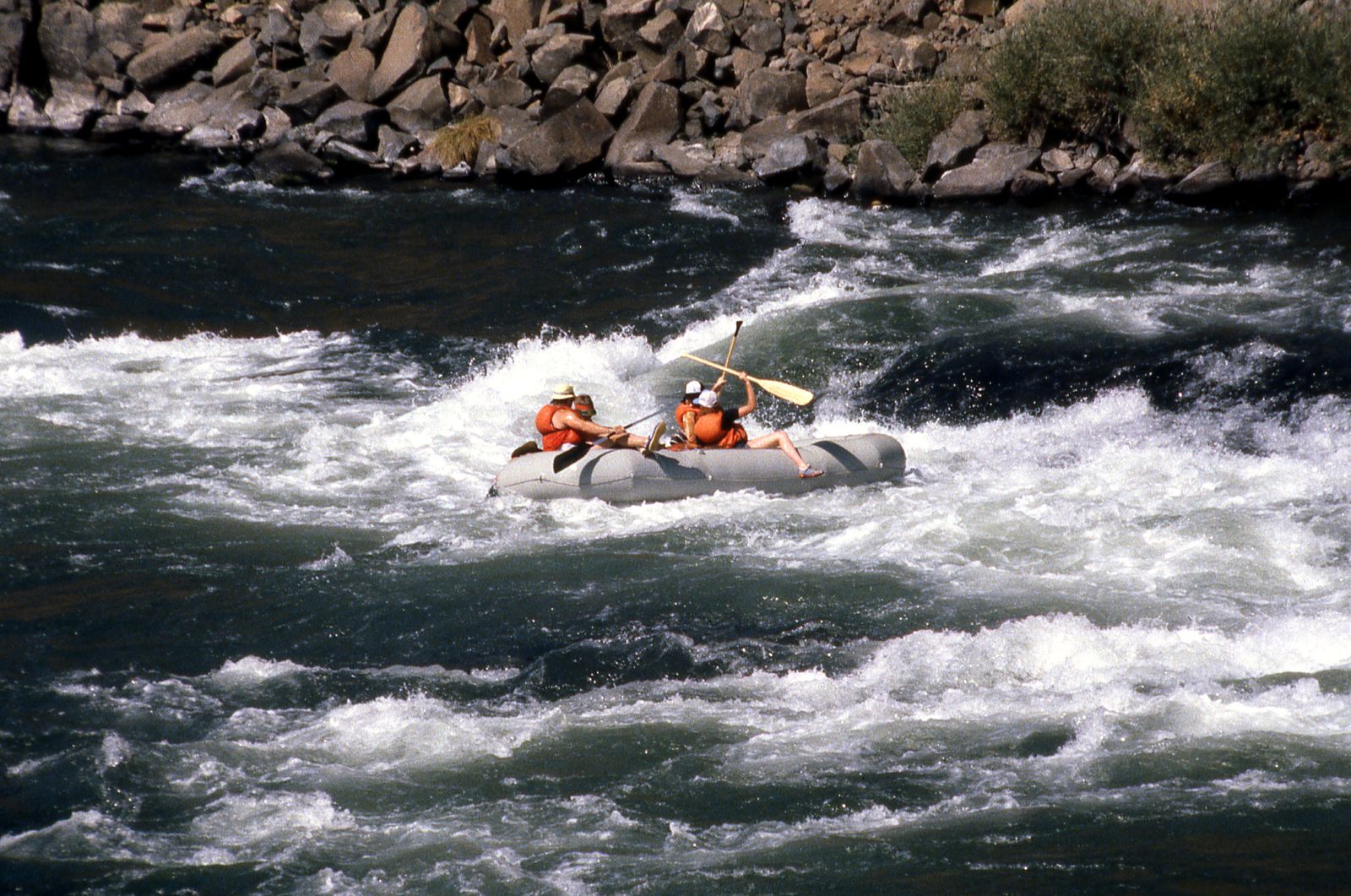 A raft crew paddles through churning whitewater on a Colorado river