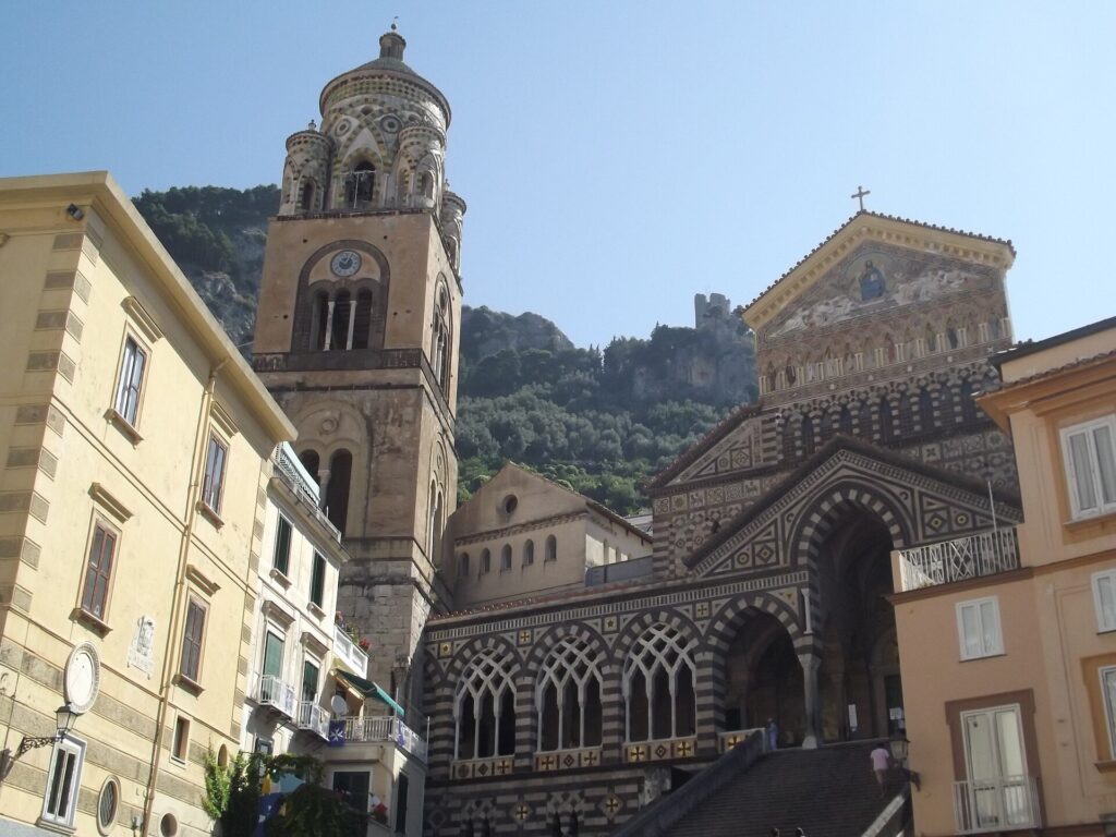 Amalfi Cathedral and its bell tower seen from Piazza del Duomo