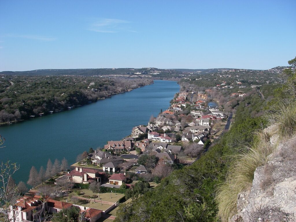 View from Mount Bonnell over the Colorado River and hills near Austin, Texas