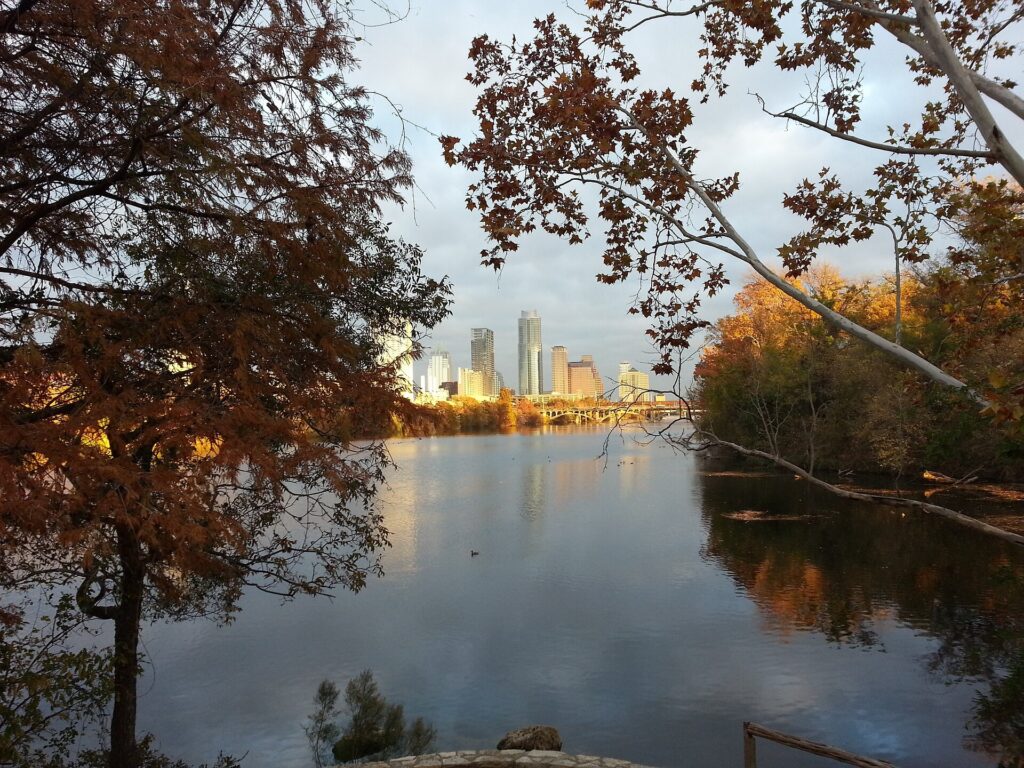Austin skyline across Lady Bird Lake from the Hike-and-Bike Trail